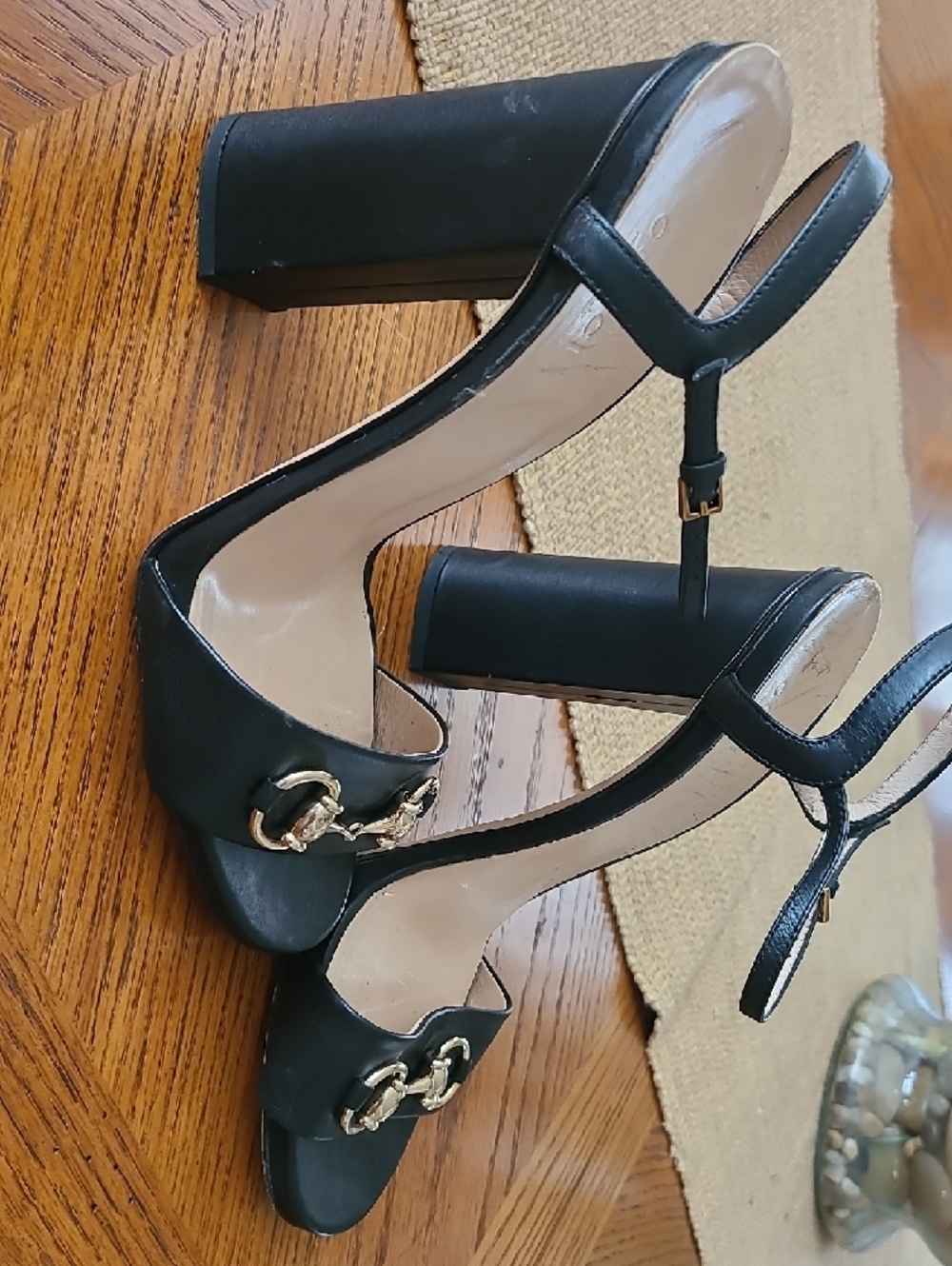Gucci Black Leather Block Heel Sandals with Gold Horsebit - Picture 9 of 10